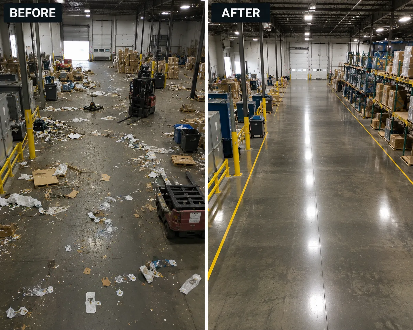 warehouse Cleaning before and After image